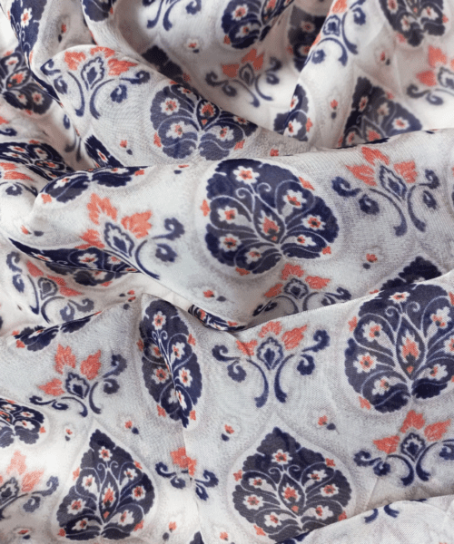 Buy Ivory Maroon Indigo Viscose Organza Printed fabric 